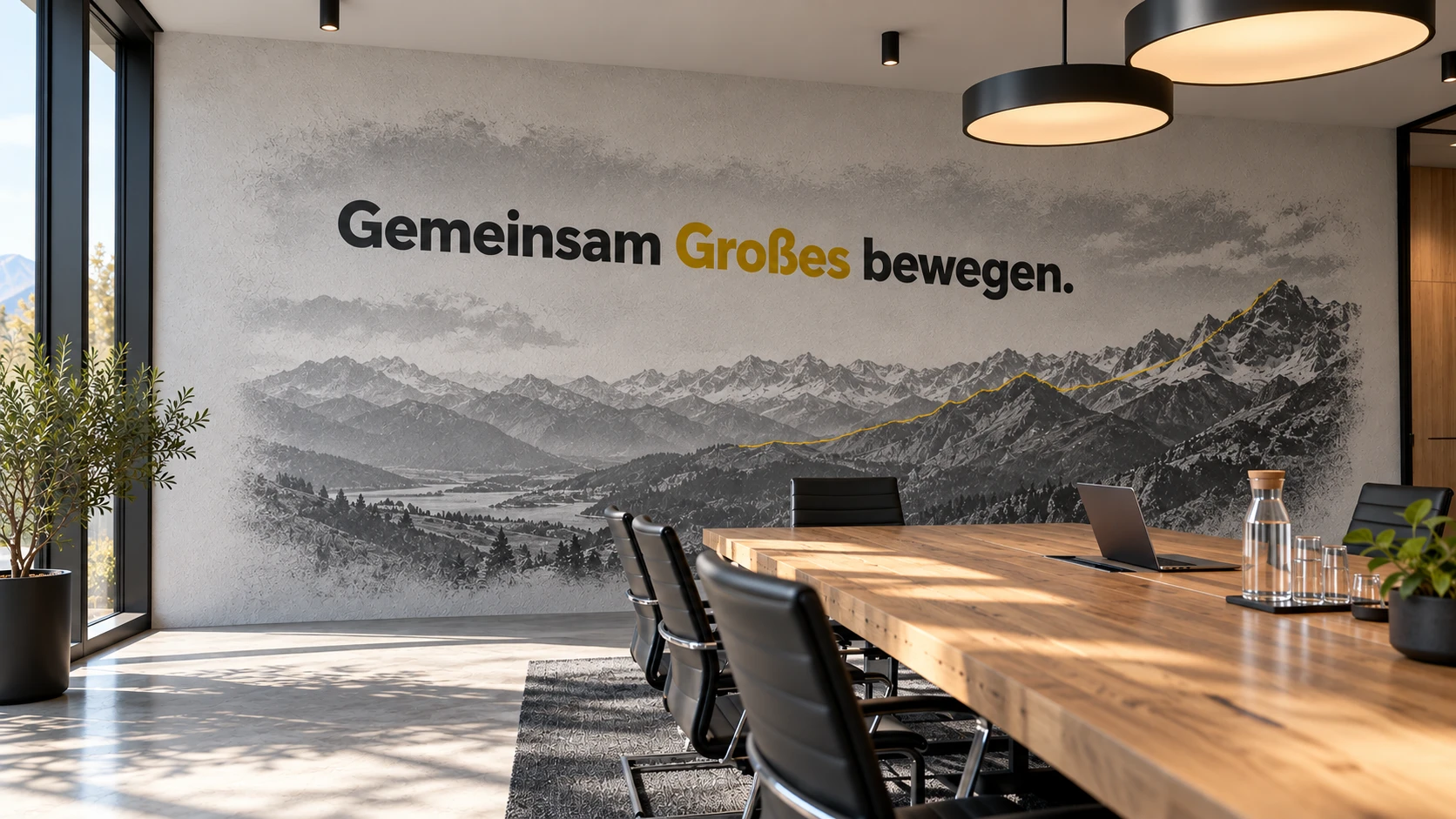 Konferenzraum mit Bergpanorama und dem Satz Gemeinsam Großes bewegen an der Wand