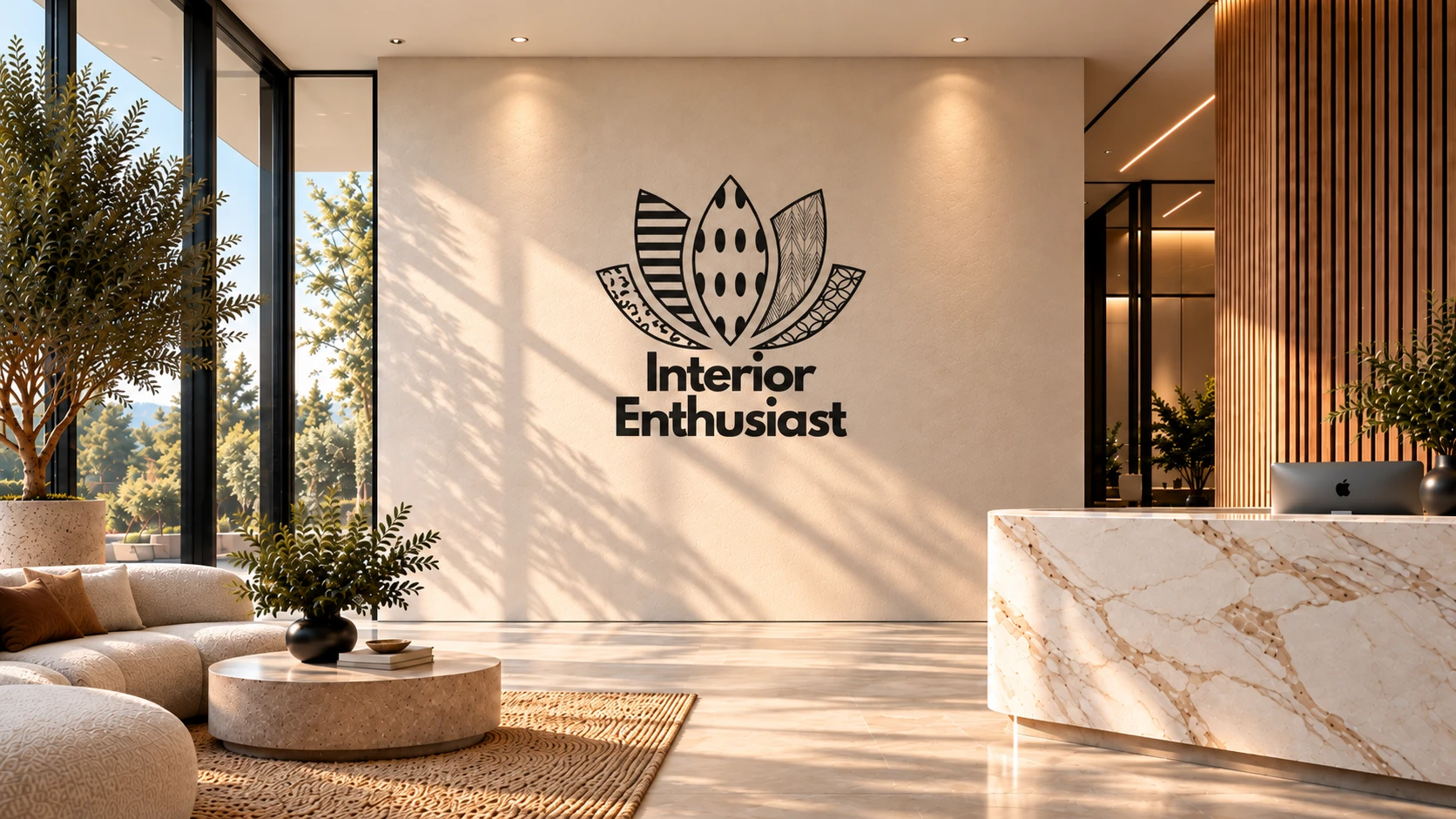 Heller Empfangsbereich mit dem Logo von Interior Enthusiast als Wanddruck